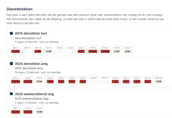Ausschnitt aus dem Bildschirm „Dienstblokken“: „AIOS dienstblok kort“, „AIOS dienstblok lang“ und „AIOS weekenddienst dag“, mit den Dienstkürzeln des Blocks je Tag.