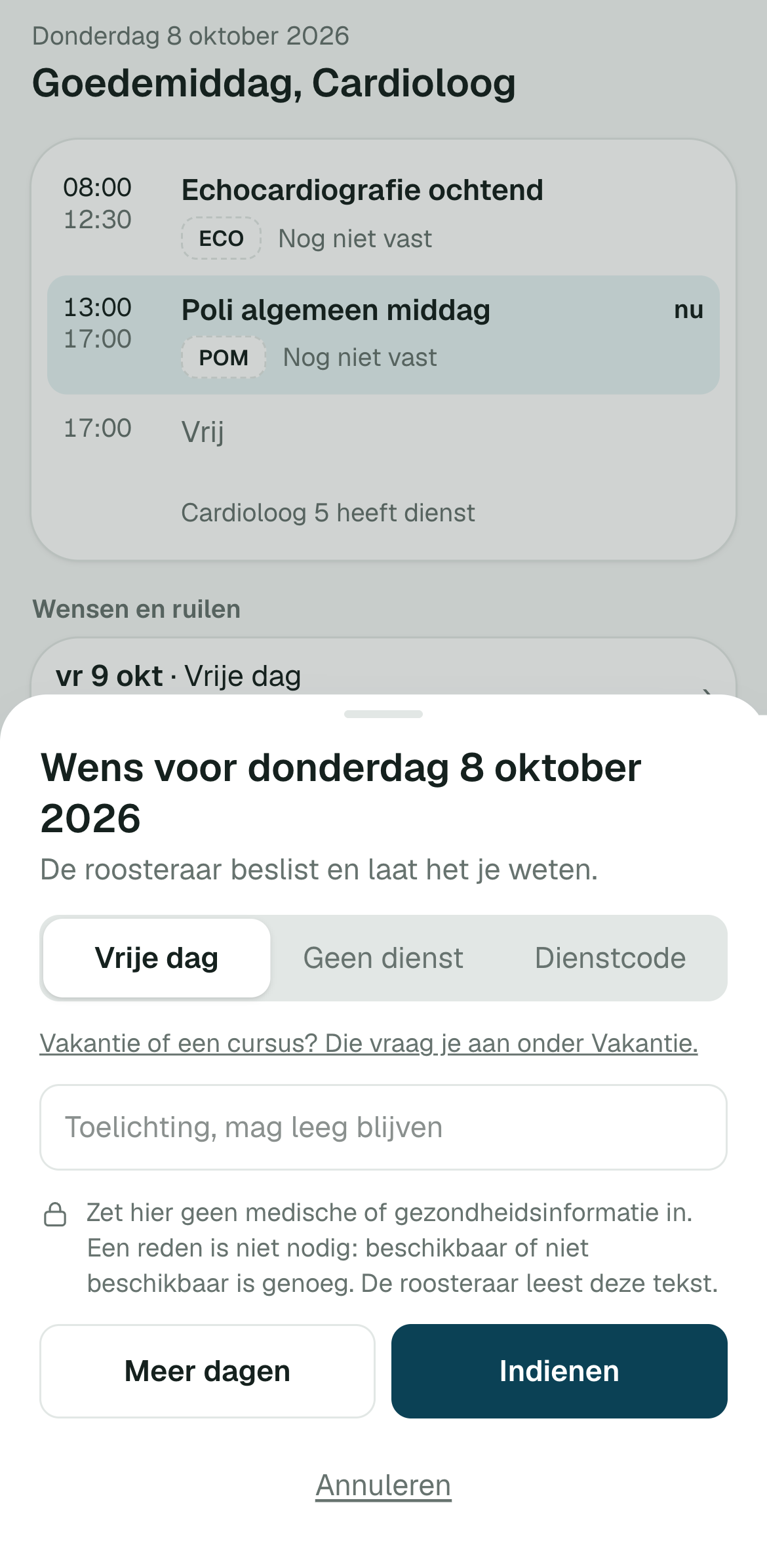 Einen Wunsch auf dem Telefon weitergeben für Donnerstag, 8. Oktober 2026: „Vrije dag“ (freier Tag) gewählt, mit einer Erläuterung, die leer bleiben darf, und der Schaltfläche „Indienen“.